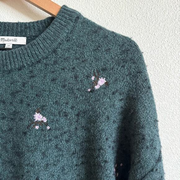 Madewell Green Embroidered Cross Stich Floral Pullover Sweater Women's XS - Picture 6 of 7